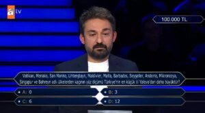 Vatikan, Monako, San Marino, Lihtenştayn, Maldivler, Malta, Barbados, Seyşeller, Andorra, Mikronezya, Singapur ve Bahreyn adlı ülkelerden kaçı… Vatikan, Monako, San Marino, Lihtenştayn, Maldivler, Malta, Barbados, Seyşeller, Andorra, Mikronezya, Singapur ve Bahreyn adlı ülkelerden kaçı…